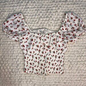 Cute milkmaid cherry-print top with puff sleeves